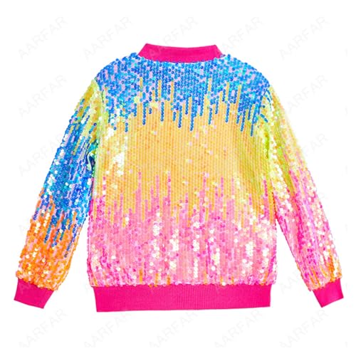 ACSUSS Kids Girls Sequin Flight Bomber Jacket Outerwear Gradient Sparkle Long Sleeve Baseball Coat Birthday Gifts3