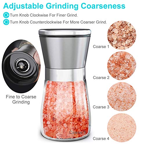 Salt and Pepper Grinder Set of 2, Adjustable Ceramic & Stainless Steel Mill Set, Glass Body Refillable Mill Shakers - Easy Clean Grinders with Silicon Funnel and Cleaning Brush