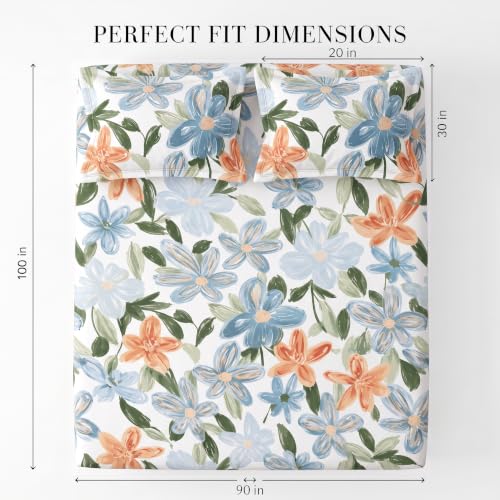 Image of BSB HOME 240 TC Cotton Double Bedsheet with 2 Pillow Covers,Soft & Breathable Floral Print Bed Sheet,Fade Resistant,Easy Care Bedding Set,90 x 100 Inches(228 x 254 cm)-Terracotta & Periwinkle Floral