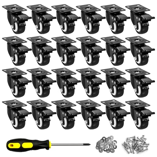 Image of 2 inch Caster Wheels Set of 24, Heavy Duty Casters with Brake, No Noise Locking Casters with Polyurethane (PU) Wheels, Swivel Plate Castors Pack of 24