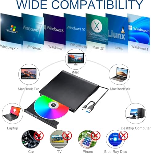 Image of Wefly High Speed USB and Type C 3.0 Slim Portable External CD /DVD-RW Drive Writer Burner Rewriter Player for Laptop PC, Mac /Book Pro Black