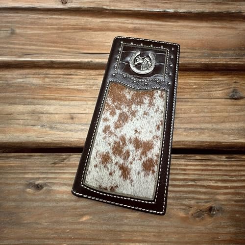 Men’s Long Leather Wallet – Hand Tooled Brown Rodeo Bifold with Hair-On Cowhide and Horse Horseshoe Concho – Western Checkbook Wallet for Cowboys & Equestrian Gifts2