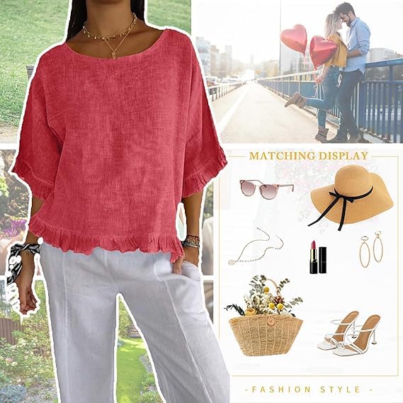 2PCS Round Neck Ruffled Hem Mid-Sleeve Cotton and Linen Top, Casual Short Sleeve Blouses Linen Tops for Women (S,07)