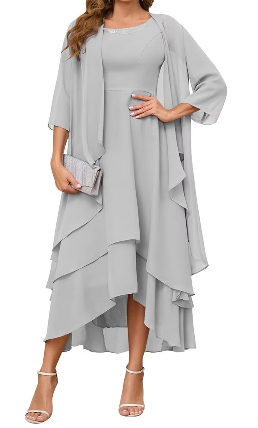 Yiann Women's Silver Classy Mother Of The Bride Dresses Tea Length For Chiffon A Line Formal Dress With Jacket Uk14