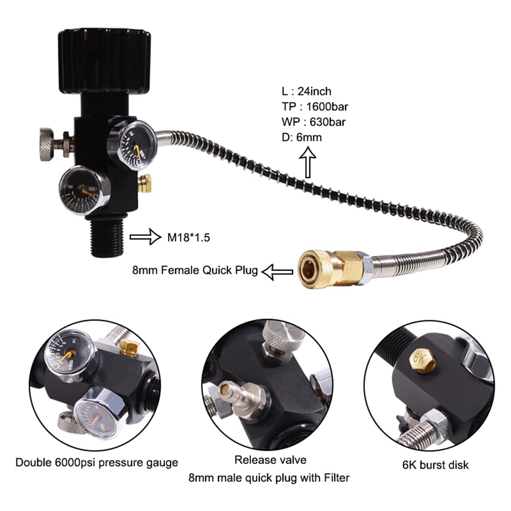 M18X1.5 PCP Serbatoio Gauge Valvola di Carica per bombole di 6000 Tubo da 50 cm, Nero