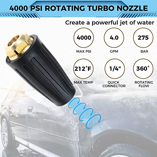 Image of 4000 PSI Pressure Washer Rotating Turbo Nozzle 4.0 GPM with 1 /4'' Quick Connector with 7 Pieces Spray Nozzle Tips Kit Multiple Degrees (0, 15, 25, 40, 65 Degrees, Rinse1, Soap2)