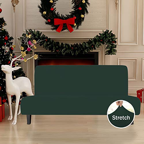 Image of Easy-Going Stretch Large Futon Slipcover Armless Futon Cover Dark Green | Sofa Bed Furniture Protector Without Armrests with Elastic Bottom for Kids, Soft Jacquard Machine Washable