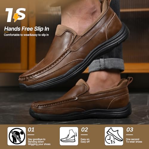 Image of Hand Free Casual Shoes for Men - Leather Slip-On Loafers with Elastic Heel & Latex Footbed - Lightweight EVA Walking Shoes
