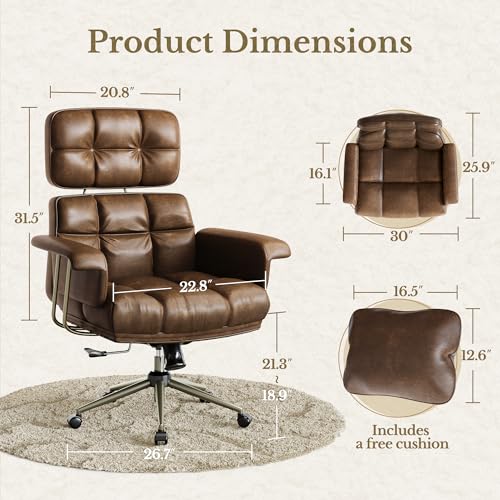 Executive Leather Office Chair - Brown Ergonomic Desk Chair with Thick Cushion & Lumbar Support, Comfy Mid Century Modern Swivel Computer Chair for Home Office - Image 2