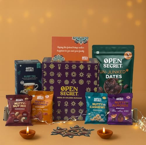 Image of Open Secret Premium Gift Hamper | Combo of 11 | Ideal Gifting for Christmas, Secret Santa & New Year Season | Dates, Assorted Nuts & Herbal Tea | Dry Fruit Gift Box, Chocolate Gifts, Dry Fruits, Healthy Premium Hamper, Gifts for colleagues, Employee Gifting