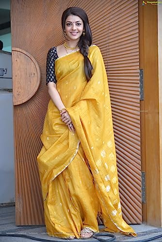 Image of SGF11 Women's Kanjivaram Soft Cotton Linen Silk Saree With Blouse Piece (Kajal Yellow)
