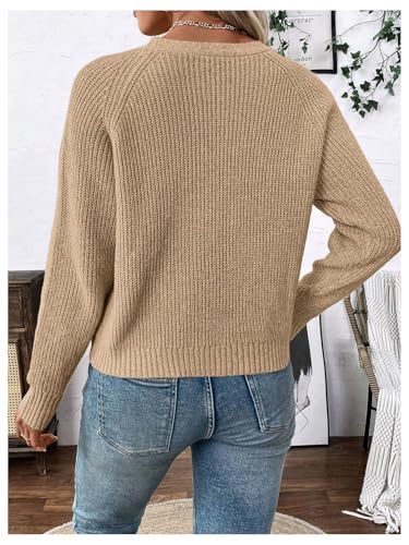 Image of MakeMeChic Women's V Neck Button Down Long Sleeve Cardigan Sweater Drop Shoulder Ribbed Knit Outerwear Brown Small