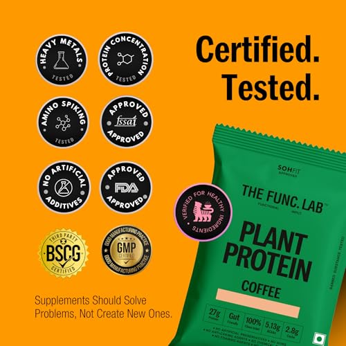 Image of The Func. Lab Plant Protein - Coffee Travel Packs | (4 * 35g Sachets) Pack of 2 | 27g Protein per Scoop | Pea and Rice Blend | Vegan, Sugar‑Free, 100% Clean Label, Gut Friendly, Vegetarian