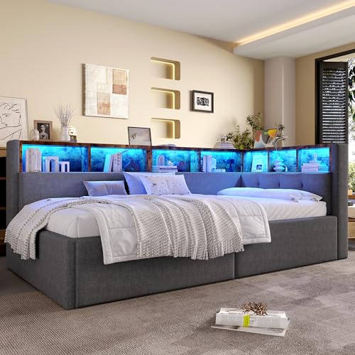 KecDuey Cama Nido con Almacenamiento Hidráulico, Tela de Lino Gris, 90x200 cm, Luces LED, Puertos USB y Tipo-C, Múltiples Compartimentos