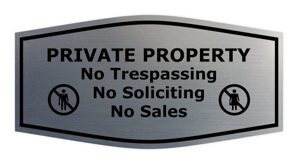 Fancy Private Property No Trespassing No Soliciting No Sales Sign (Brushed Silver) - Large 2 Pack
