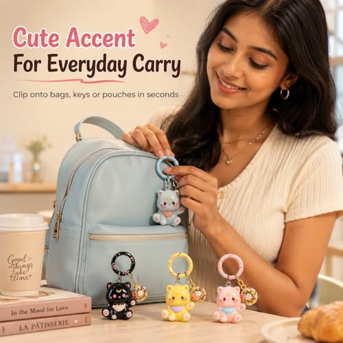 Image of Satmarhz 4 Pcs cute key chain for girls, Cartoon Cat Sakura Ball key charm, Smooth Alloy Bag Pendant for Handbags Backpacks Car Keys Daily Decor Gift