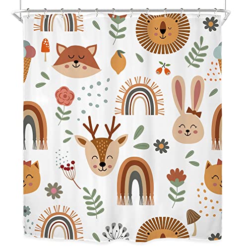 Riyidecor Kids Baby Woodland Boho Shower Curtain For Bathroom Accessories 60Wx72H Inch Cartoon Cute Funny Forest Animals Colorful Flowers Rainbow Children Fabric Bathroom Decor 12 Pack Plastic Hooks #TOP5