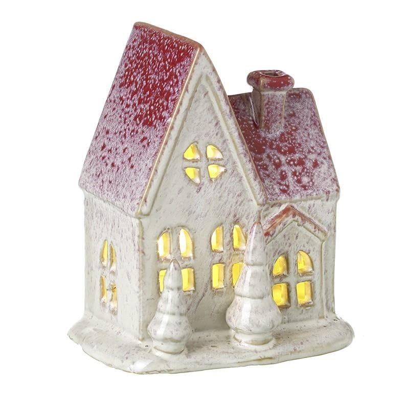 Christmas Ornament, Ceramic LED Light Up House in Pink & White with Trees, Autumn Decoration, Christmas Room Decoration, Xmas Window Village Scene Lantern, Mini Xmas Hut Decor