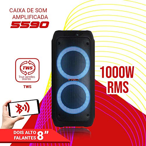 TRC 5590 - Caixa de Som Amplificada Portátil com Bluetooth; Controle Remoto; Entrada USB; Iluminação em LED; Disco Ligthing; Microfone com Fio e TWS; – 1000W RMS; Black glide
