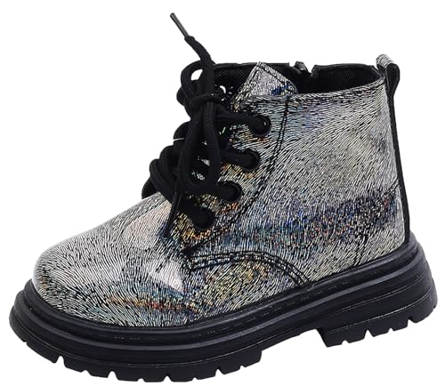 SEAUR Ankle Boots for Kids Patent Leather Waterproof Boots with Zipper Boys Girls Lace up Non-slip Short Ankle Shoes Size 5-10