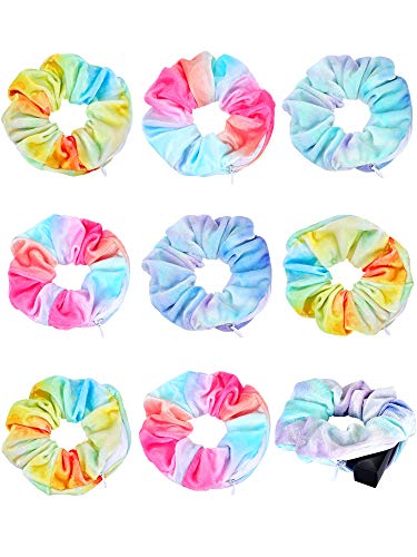 9 Pieces Velvet Pocket Hair Scrunchies Hidden Pocket Hair Ties Elastic Zipper Scrunchies Colorful Hair Bands with Zipper Pocket Storage for Women Girls Hair Accessories