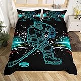 EisEishockey Bettbezug Set Eissport Spiele Drucken Bettwäsche Set 135x200cm Eishockey Spieler Neon Color Betten Set für Jungs Mädchen Kinder Jugendliche Bettwäsche Puck Eishockey Bettwäsche 2 Stk
