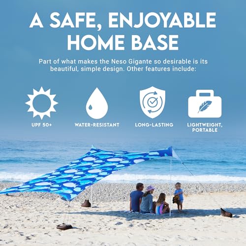 Image of Neso Gigante Portable Beach Tent Sun Shelter - Lightweight Beach Shade Canopy - Easy Setup for Family Outings - Patented Reinforced Corners - UPF 50+ - 8ft Tall, 11 x 11ft - Save The Whales