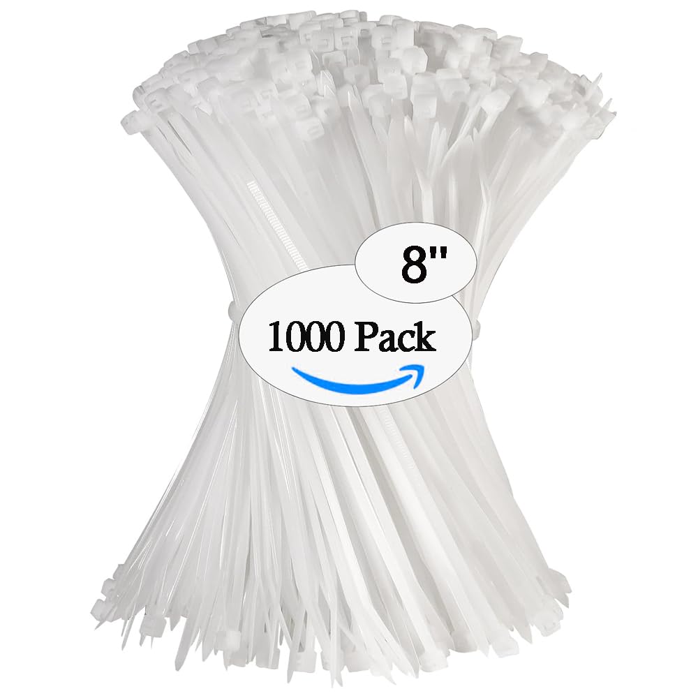 White Zip Ties 8 Inch (1000 pack) Heavy Duty Self Locking clear Zipties Tensile Strength 40 Pound Clear Industrial 8