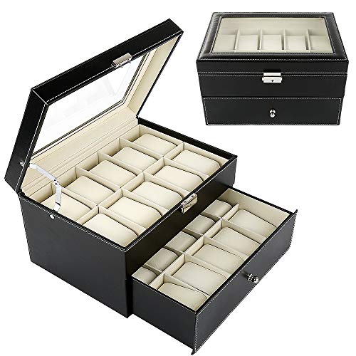 XUANYU Uhrenbox mit 20 Fächern und Glasfenster Uhren Aufbewahrungbox aus PU Leder und Samt, Schwarz-beige Cover