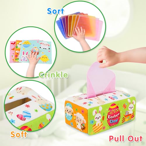 Image of Easter Baby Toys - Easter Basket Stuffers for Babies 6-12 Months - Baby Tissue Box Toy Montessori Soft Stuffed Bunny High Contrast Crinkle Infant Sensory Toys 6 7 8 9 Months Easter Boy Girl Gifts