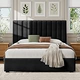 Welzona Queen Upholstered Bed Frame with Headboard, Velvet Upholstered Metal Platform Bed with Vertical Channel Tufted Headboard, 3-Level Height, Metal Slat Support, Noise-Free Easy Assembly, Black