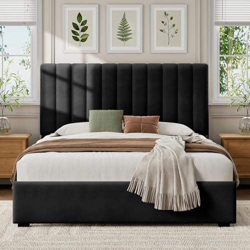 Welzona Queen Upholstered Bed Frame with Headboard, Velvet Upholstered Metal Platform Bed with Vertical Channel Tufted Headboard, 3-Level Height, Metal Slat Support, Noise-Free Easy Assembly, Black