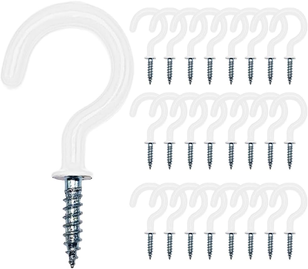25PCS Ceiling Hooks for Hanging Plants and Cup,Screw in Hooks with Vinyl Coating 1.85Inch(White)