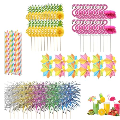 100 Pièces Décorations de Cocktail Parasol Cocktail Feux d'artifice Pailles Flamingo Ananas Deco Réutilisable Accessoire Cocktail Deco pour Mariage Fête, Bar