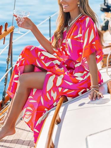 Image of CUPSHE Women's Summer Boho Maxi Dress Paisley Floral V Neck Smocked Dress Beach Vacation Slit Hem Flowy Dress with Pockets