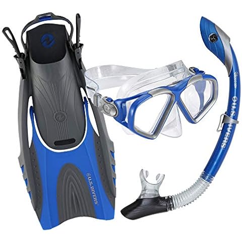 U.S. Divers Adult Cozumel TX Island Dry Snorkeling Combo Set with Adjustable Mask, Snorkel, and Small/Medium Fins (Men's 4-8.5/Women's 5-9.5), Blue (SR2334001SM) Cover