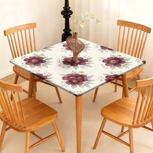 Highdi Cuadrado Mantel Impermeable, Mantel de Tela Oxford Antimanchas Protector Mesa con Borde Elástico, Cubre Encimera para Cocina Comedor, Lindos Temas Florales (Rojo Oscuro,90x90cm)