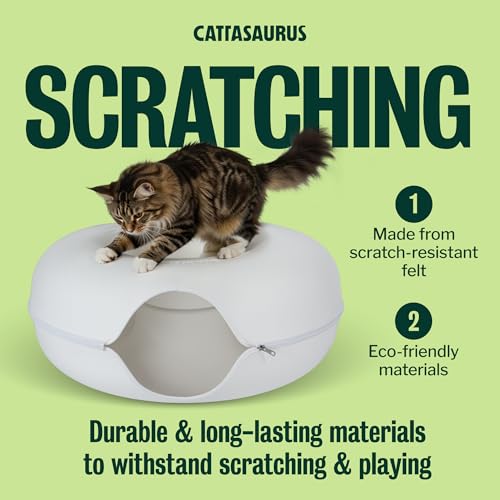 Image of Cattasaurus Peekaboo Cat Cave, Extra Spacious for Multiple & Large Cats 15+ lbs, Scratch Detachable Cat Beds for Indoor Cats, Washable Tunnel Bed, Comfy Donut Tunnel (White, Jumbo)