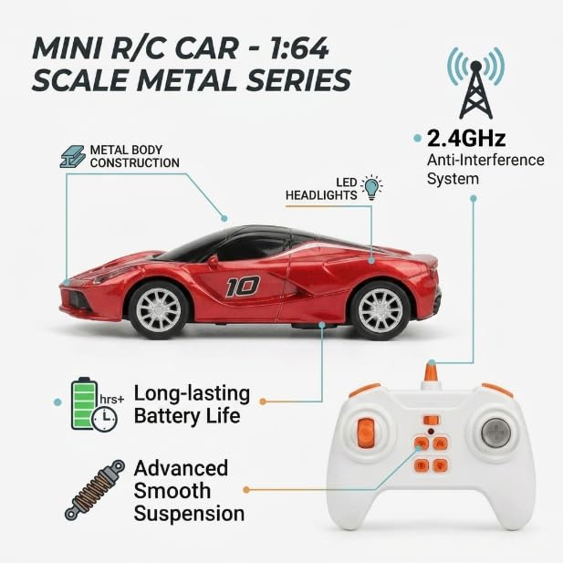 Image of Mini RC Car 1:64 Scale Remote Control Car for Kids, App Controlled Electric Racing Toy with LED Lights, Rechargeable Battery, 2.4GHz Control System, Birthday Gift for Boys & Girls (RED)