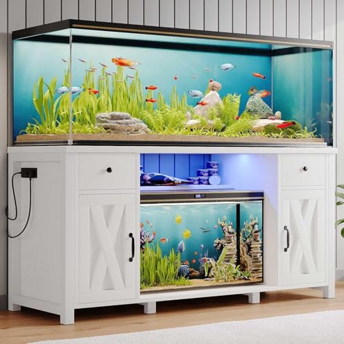 75 Gallon Fish Tank Stand with LED Light & Power Outlets, 55-75 Gallon Aquarium Stand with 2 Drawers & 2 Barn Doors, 52' L x 20' W Cabinet for 2 Fish Tank Accessories Storage, Turtle Tank, White