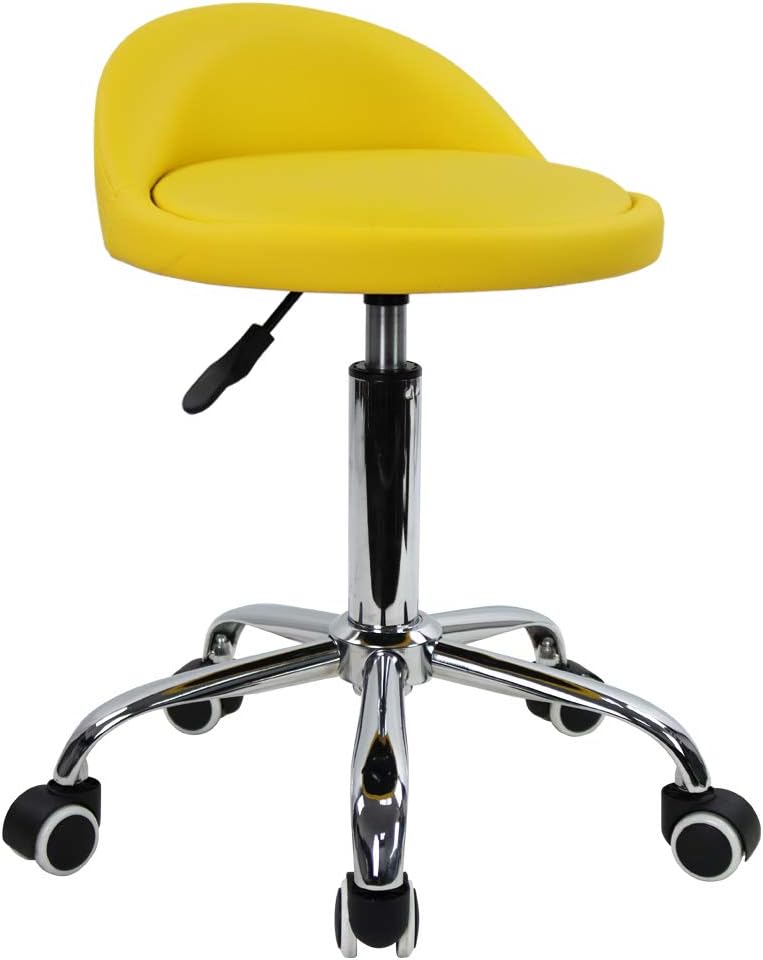KKTONER PU Leather Round Rolling Stool with Back Rest Height Adjustable Swivel Drafting Work SPA Task Chair with Wheels (Yellow)