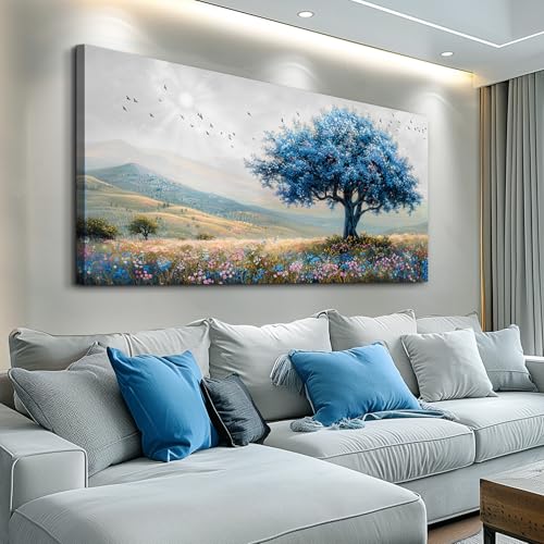 KELIYUAN Large Farmhouse Wall Decor For Living Room Frame Wall Art For Bedroom Office Decoration Field Scenery Wall Painting Blue Trees Artwork canva Pictures Modern Aesthetics Home Decor 30x60In
