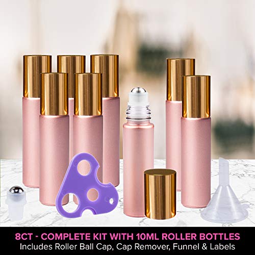Rose Gold Ultimate Essential Oil Roller Bottles Set With Stainless Steel Balls, 8 Pack 10ml Leakproof Glass Bottle With 9 Rollerballs For Perfume & Aromatherapy Oils 1 Funnel + Opener & 192 Labels