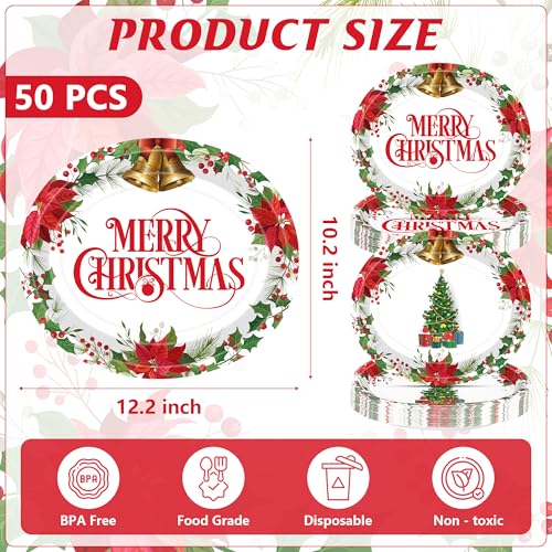 QZYL 50 PCS Oval Christmas Paper Plates, 12.2" x 10.2" Disposable Xmas Trees Paper Plates, Holly Leaf Platters Christmas Party Decorations, Tableware Set for Holiday Family New Year Party Dinnerware – Image 3