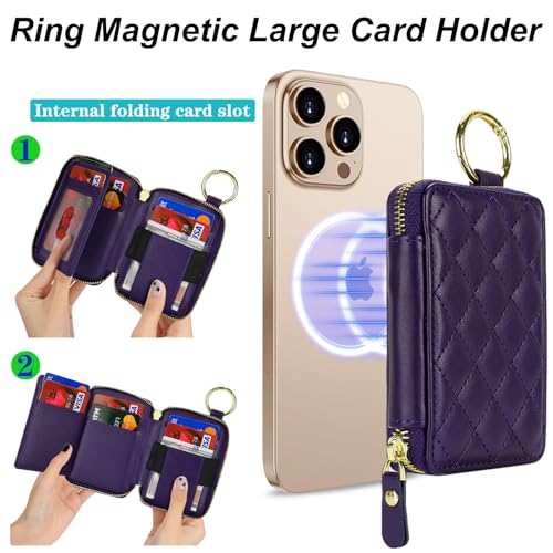 Image of Compatible with MagSafe Wallet,Magnetic Phone Wallet Card Holder for iPhone 17 /16 Pro Max /15 Pro /14 Plus /13 /12 Series,PU Leather Zipper Pocket Adjustable Stand-Purple