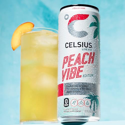 Image of CELSIUS Sparkling Peach Vibe, Functional Essential Energy Drink 12 Fl Oz (Pack of 4)
