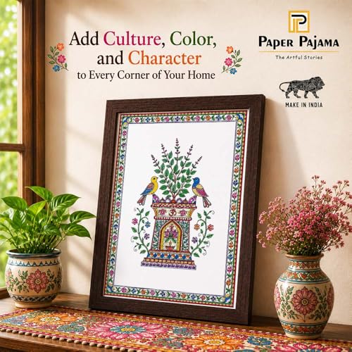 Image of PAPER PAJAMA Madhubani Vastu Tulsi Plant Wall Art for Living Room | Traditional Mithila Folk Painting with Birds & Om Motif | Indian Cultural Framed Decor for Home & Office (10x13 Inches)
