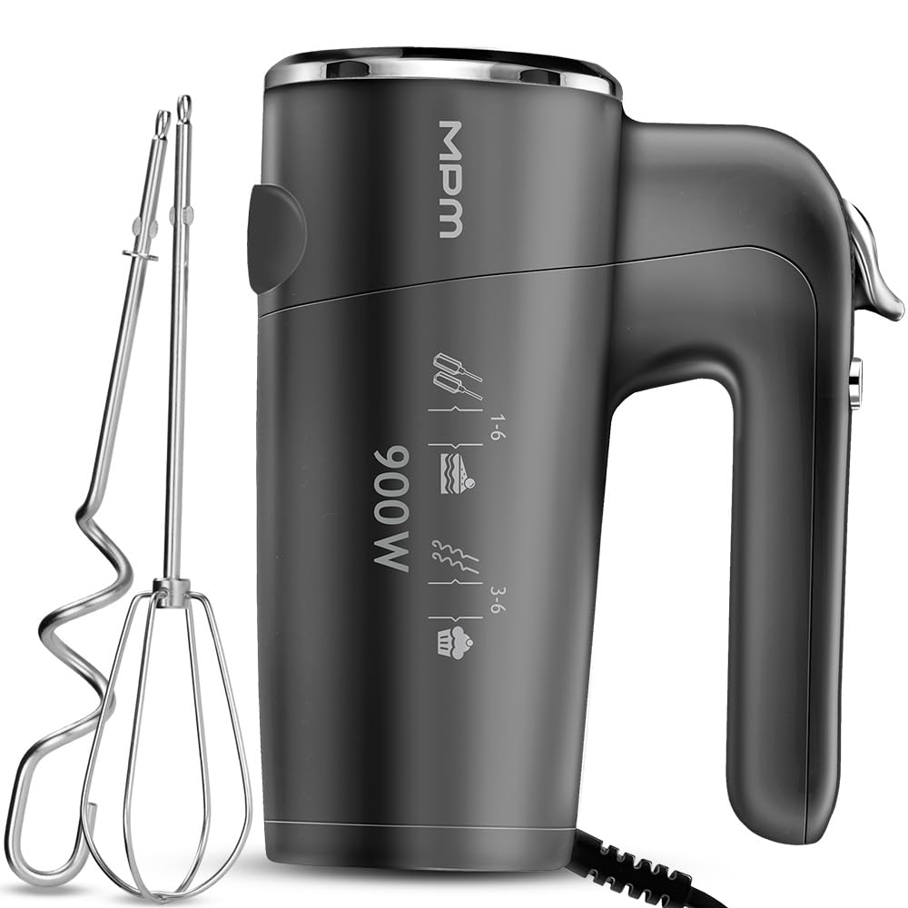 MPM Handmixer 900W - 6 Geschwindigkeitsstufen + Turbo, 4 Lange Rühraufsätze | Handrührgerät mit Auswurftaste, Sicherheitsverriegelung, spülmaschinenfeste Rühraufsätze - Schnelles Verarbeiten von Massen