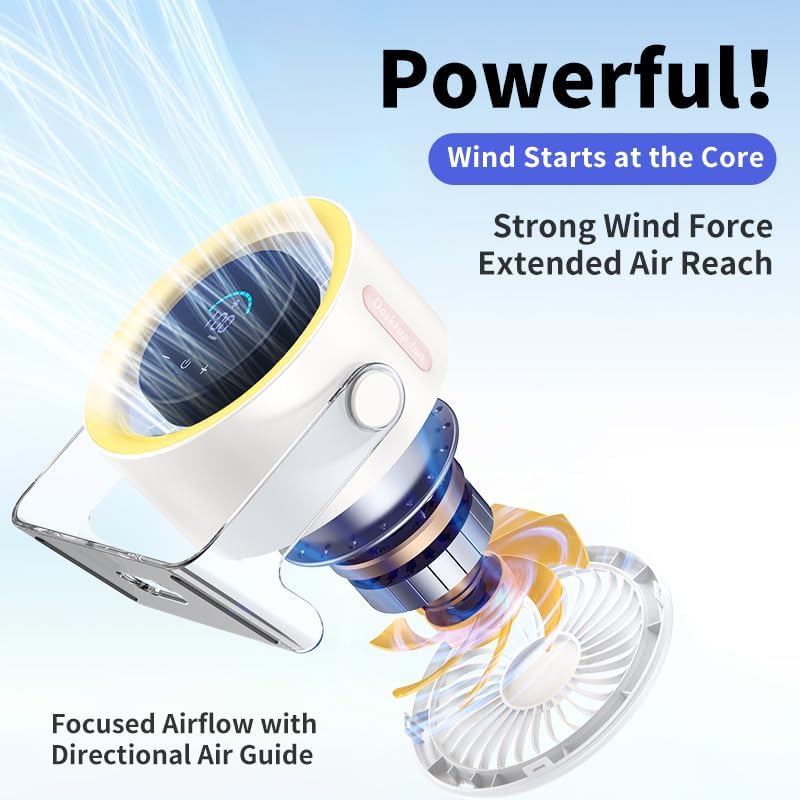 USB Desk Fan for Bedroom: 100 Speeds Digital Display Quiet Table Fan with Turbo Airflow, 120° Rotating Small Rechargeable Battery Desktop Fans for Bedroom Home Office (Yellow) - Image 3