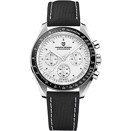 Pagani Design 1701 Reloj Casual de Cuarzo para Hombre, Reloj automático de Acero Inoxidable, cronógrafo Resistente al Agua de 100M, Reloj con Espejo de Zafiro (Color Cuero Blanco)